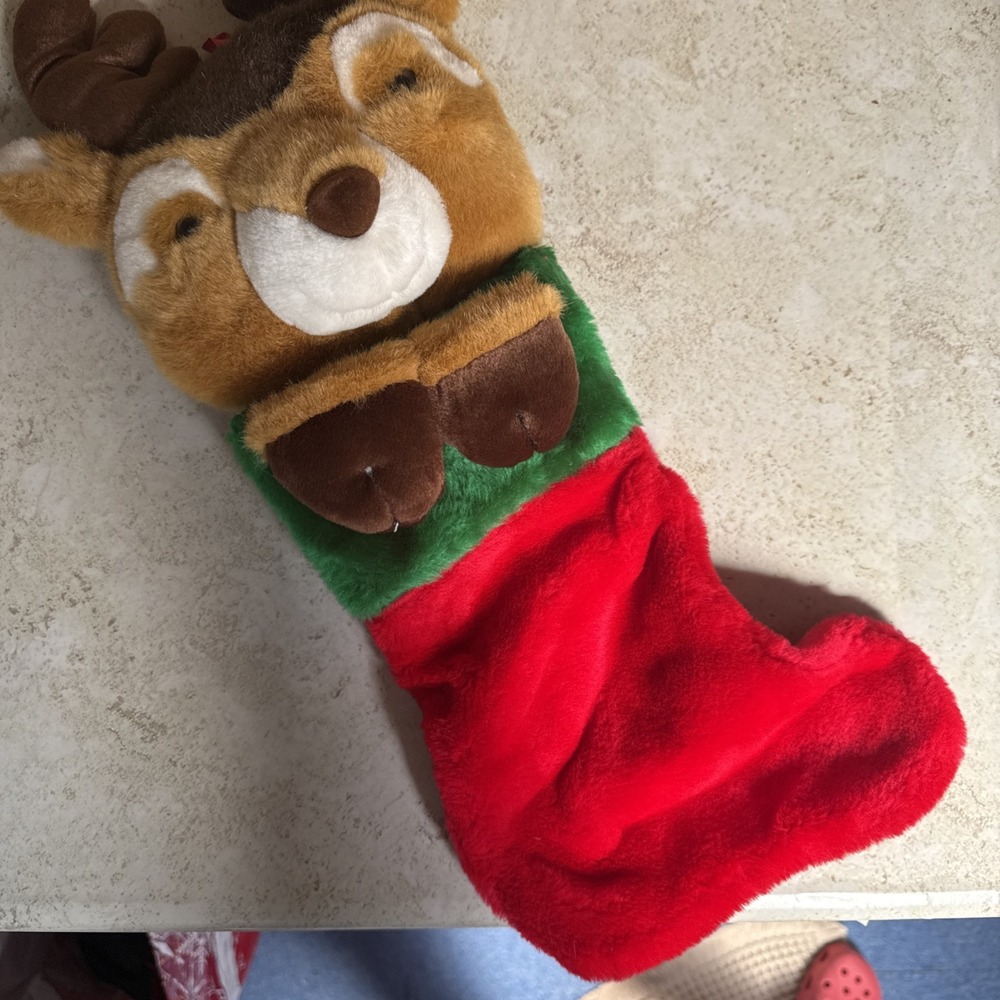 Vintage Reindeer Plush Christmas Stocking‎ Red Green Trim